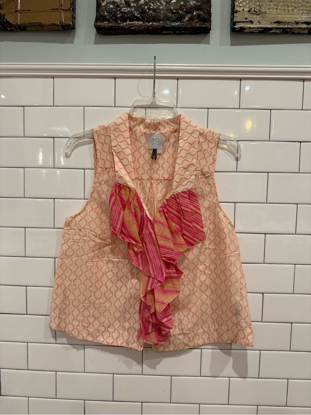 Anthropologie HD in Paris Pink & Cream Ruffle Front Sleeveless Camisole